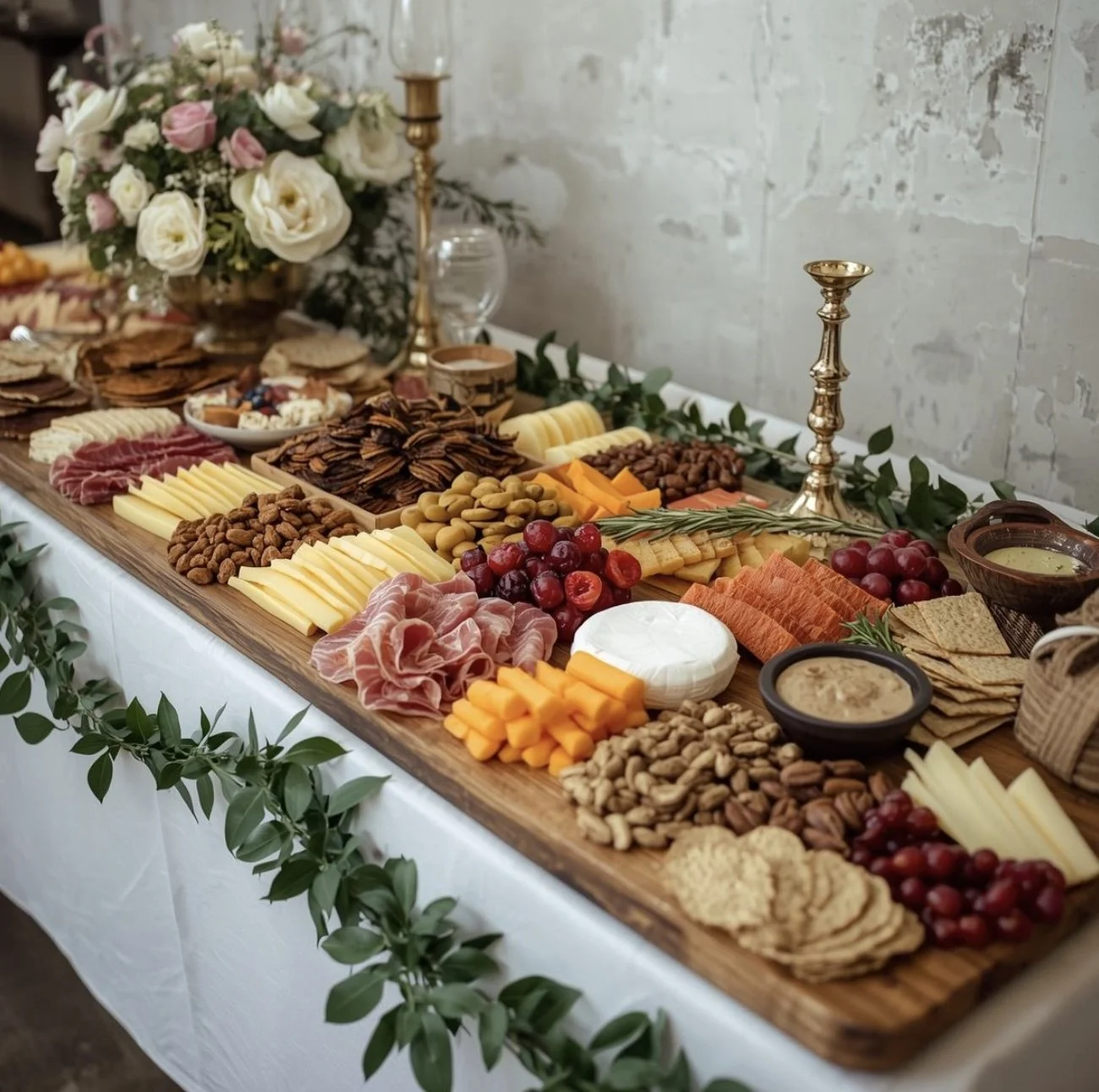 A charcuterie board with cheese, meats, nuts, grapes, crackers, and dried fruits, decorated with greenery, on a table with floral centerpiece and candlesticks.