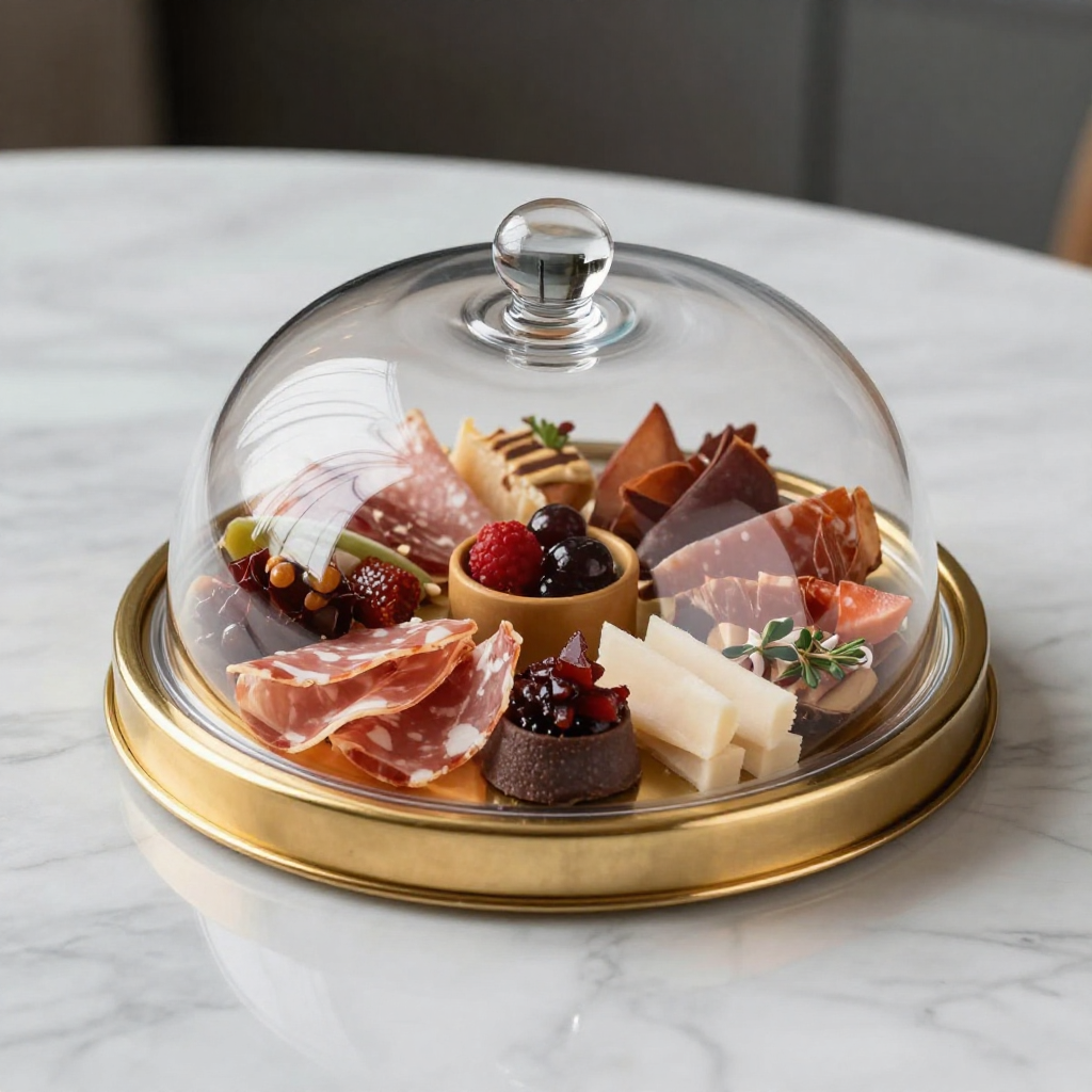 A gold tray with assorted meats, cheeses, and berries under a glass dome cover on a marble table.