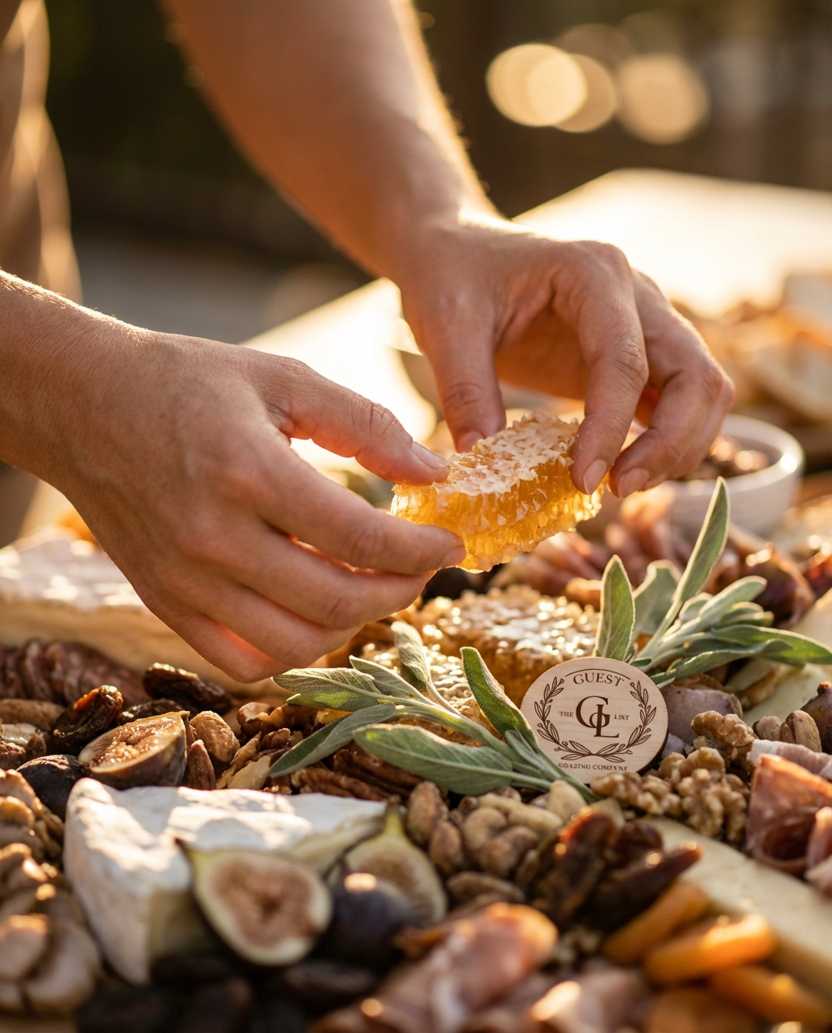 Person holding a slice of honeycomb over a cheese and charcuterie board with nuts, figs, and herbs