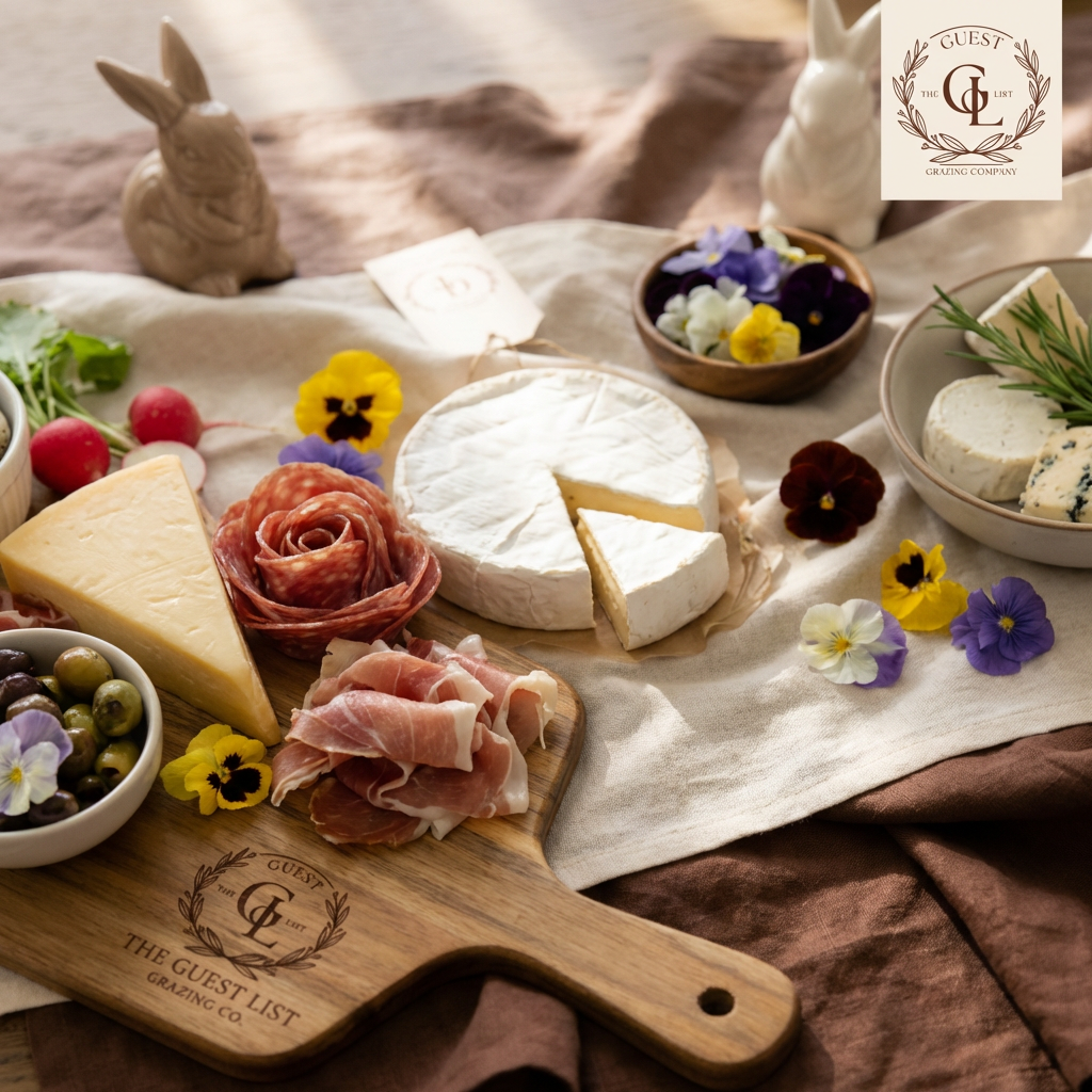 Charcuterie board with cheese, meats, and flowers, set on a table with rabbit figurines and additional cheese and flowers surrounding it.