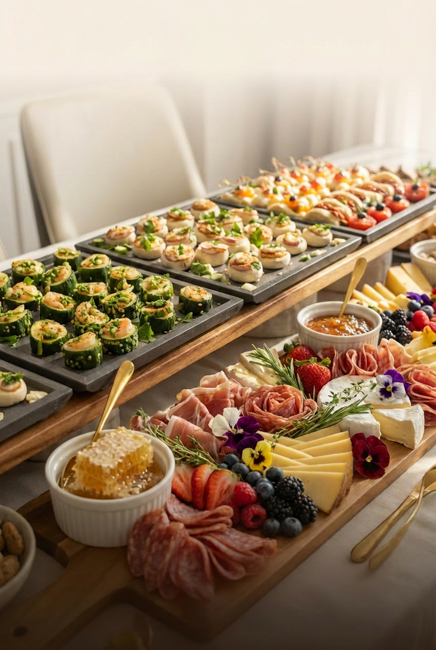 A charcuterie and appetizer table with assorted finger foods, cheeses, fruits, and dips on wooden and slate trays.