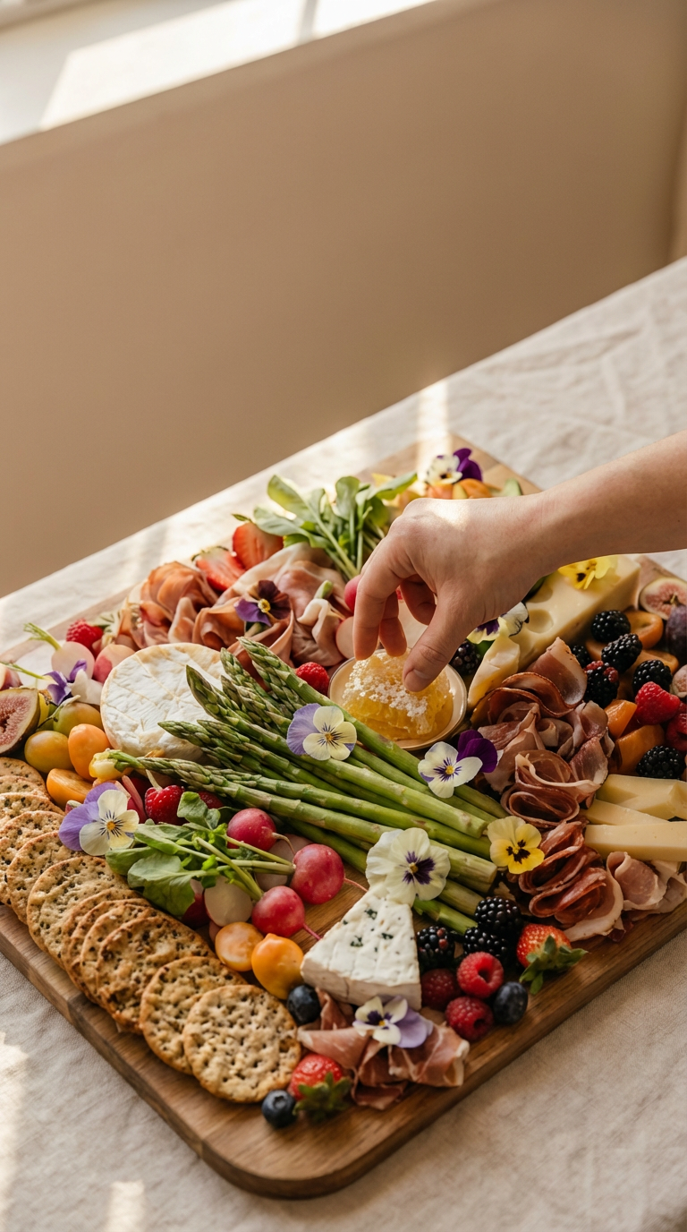 Hand placing a cheese spread on a wooden cheese platter with grapes, asparagus, berries, crackers, flowers, and various cheeses.