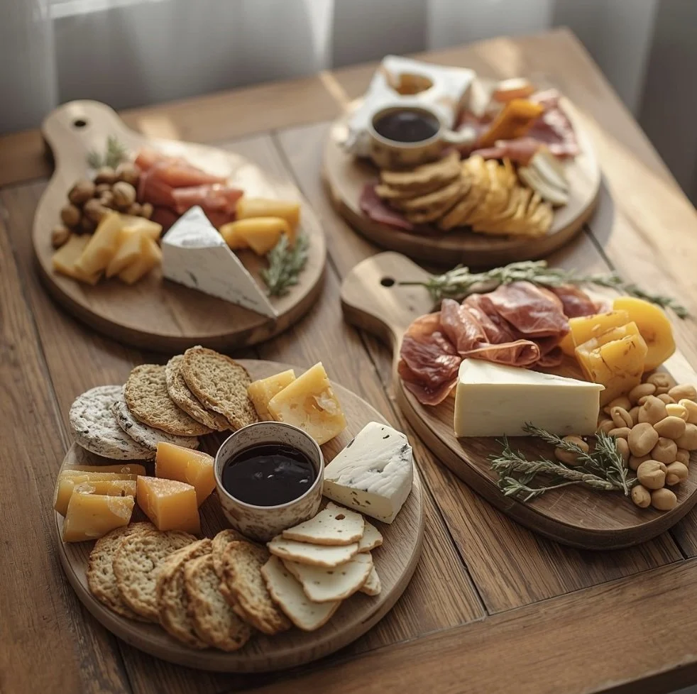 Three wooden charcuterie boards with cheese, crackers, meats, nuts, and dipping sauces on a wooden table.