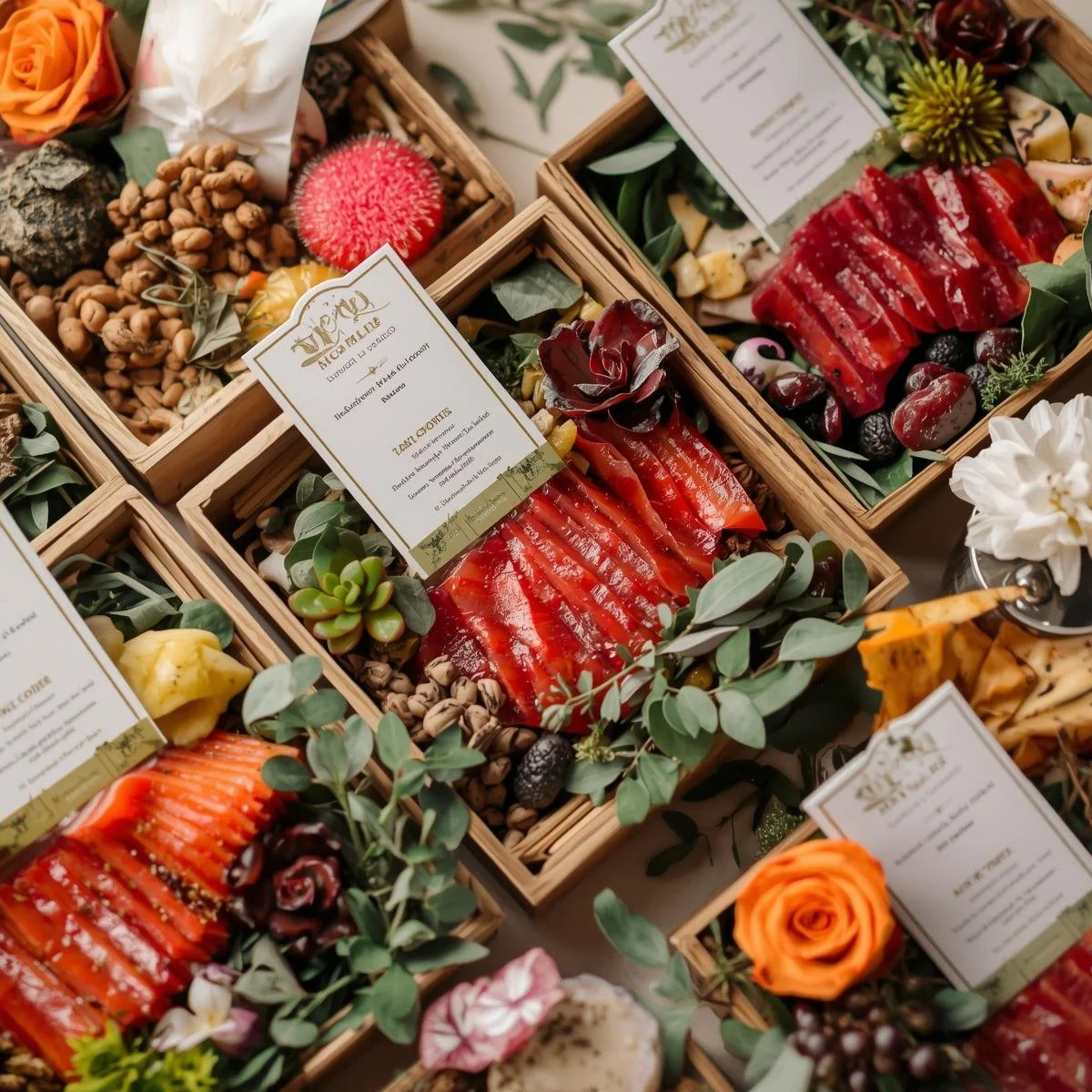 Assorted charcuterie boards with slices of red meat, cheese, grapes, berries, nuts, and decorative flowers and greenery in wooden boxes.