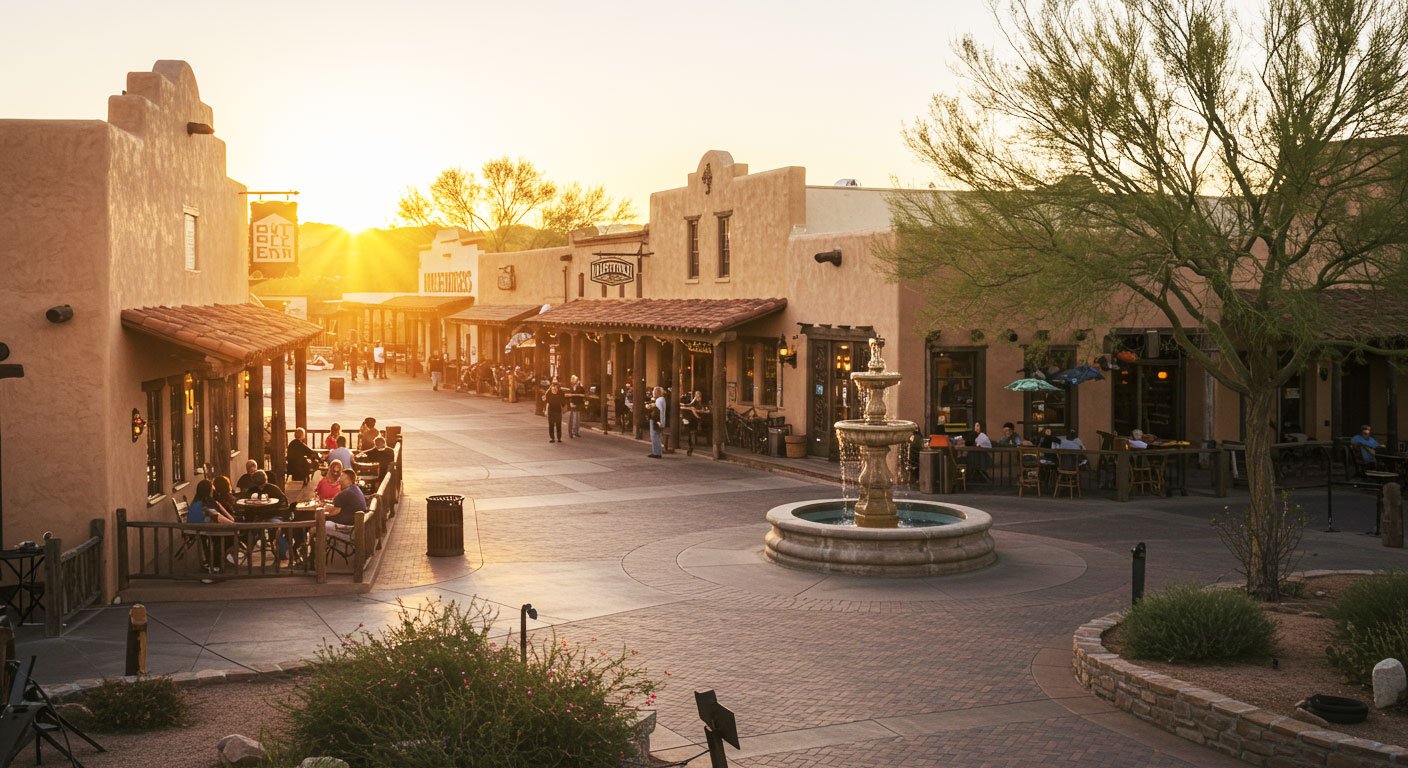 The sun sets over Old Town Scottsdale. The sun's rays stretch over historic Western style buildings with a fountain in the middle ground. The foreground consists of desert shrubbery and patio diners