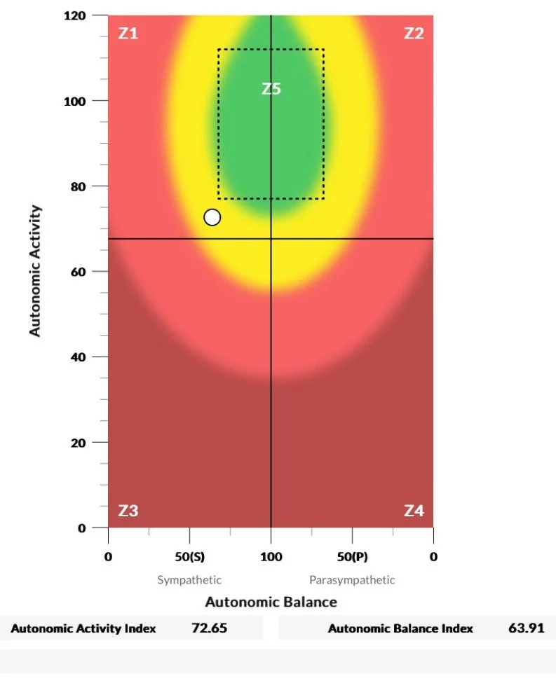 A visual graph illustrating autonomic nervous system activity and balance. The graph is divided into four quadrants labeled Z1, Z2, Z3, and Z4. Colors range from red to green, with green indicating a balanced state in the center. The graph includes a marked point in the lower left quadrant, with a dashed boundary around a green area in the upper middle, indicating regions of sympathetic and parasympathetic activity. At the bottom, the autonomic activity index is 72.65 and the autonomic balance index is 63.91.