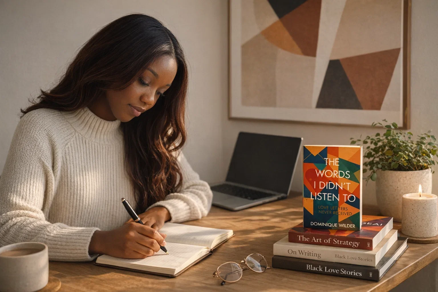 Black woman writing in a notebook at a wooden desk, with a laptop nearby and a stack of books including The Words I Didn’t Listen To, in a warm, calm home workspace.