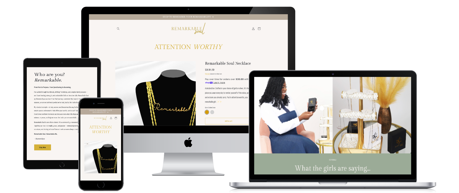 Remarkable Soul - Shopify e-commerce site for a jewelry brand rooted in self-worth. 