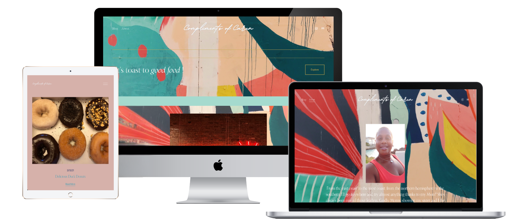 Compliments of Caren - Food and travel blog with an abstract-art-inspired design.
