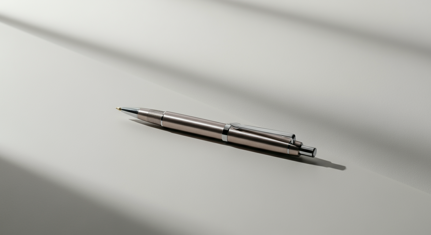 A silver retractable ballpoint pen on a white surface with shadows.