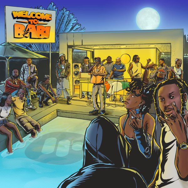 Welcome to Babi EP Cover Art: Nighttime pool party with people socializing and a DJ playing music, under a full moon, with a sign that reads "Welcome to the Party" in the background.