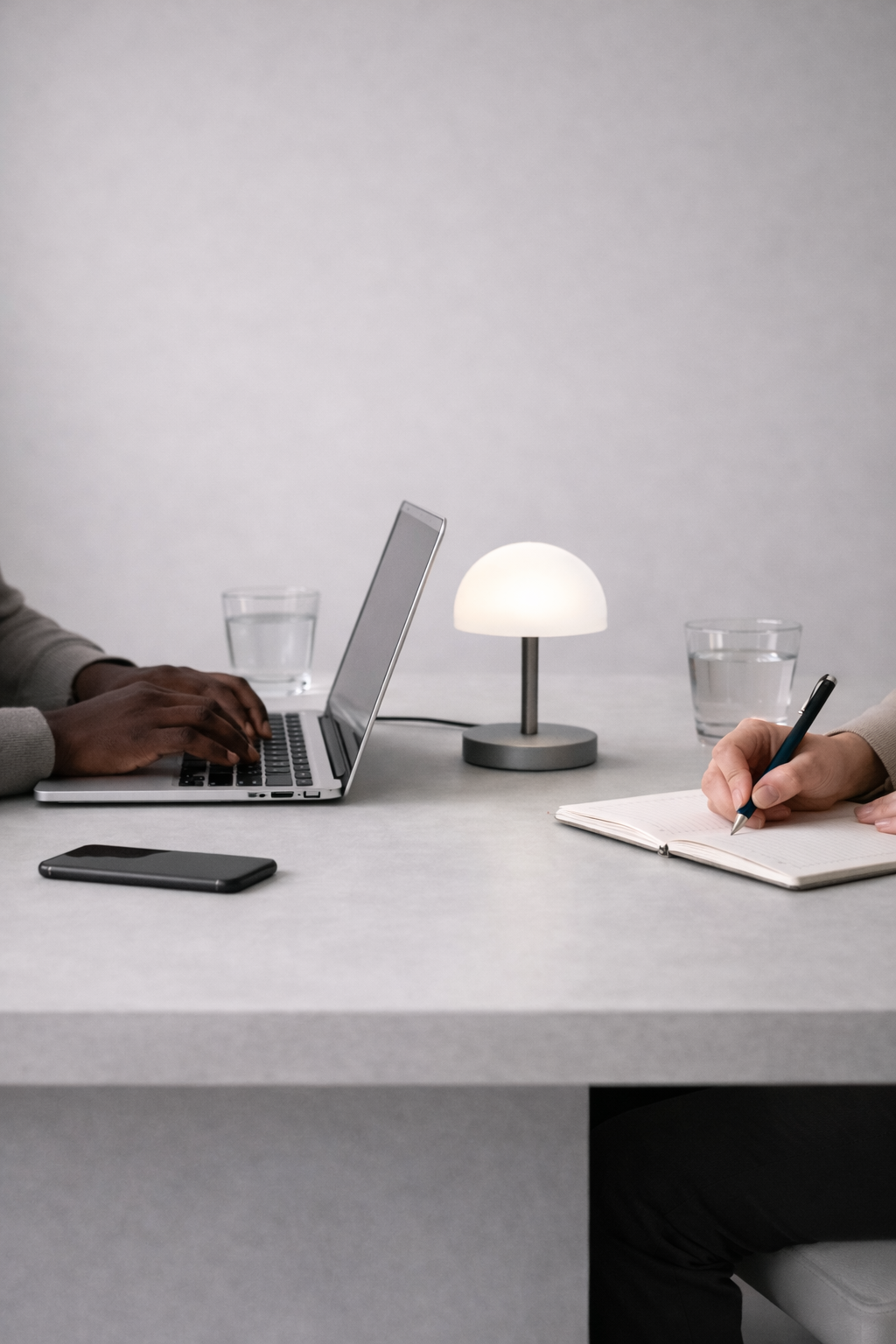 Two people working at a table with laptops, notebooks, glasses of water, a small lamp, and a smartphone.