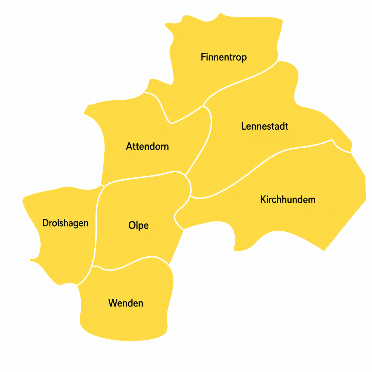 Karte des Kreises Olpe mit Olpe, Attendorn, Wenden, Lennestadt, Finnentrop, Drolshagen und Kirchhundem – persönliche Online-MPU-Vorbereitung für die Region.