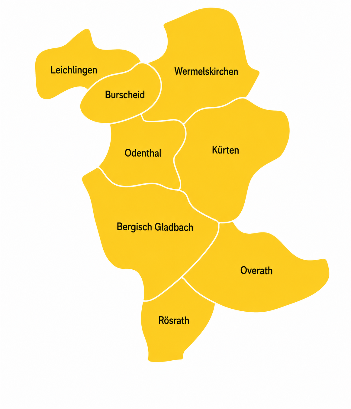 Karte des Rheinisch-Bergischen Kreises mit Bergisch Gladbach, Rösrath, Overath, Kürten, Odenthal, Burscheid, Leichlingen und Wermelskirchen