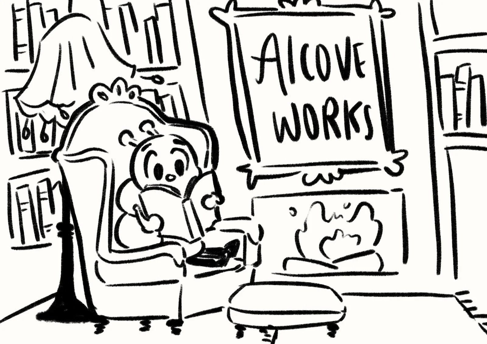 A cartoon bear sitting in a cozy armchair reading a book with a fireplace nearby. There is a sign on the wall that says "A COVEN WORKS" and a bookshelf with books in the background.