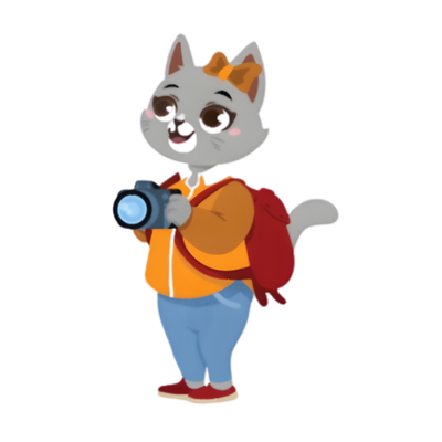 Animated cartoon cat character wearing a yellow jacket, blue pants, orange bow, holding a camera, and carrying a red backpack.