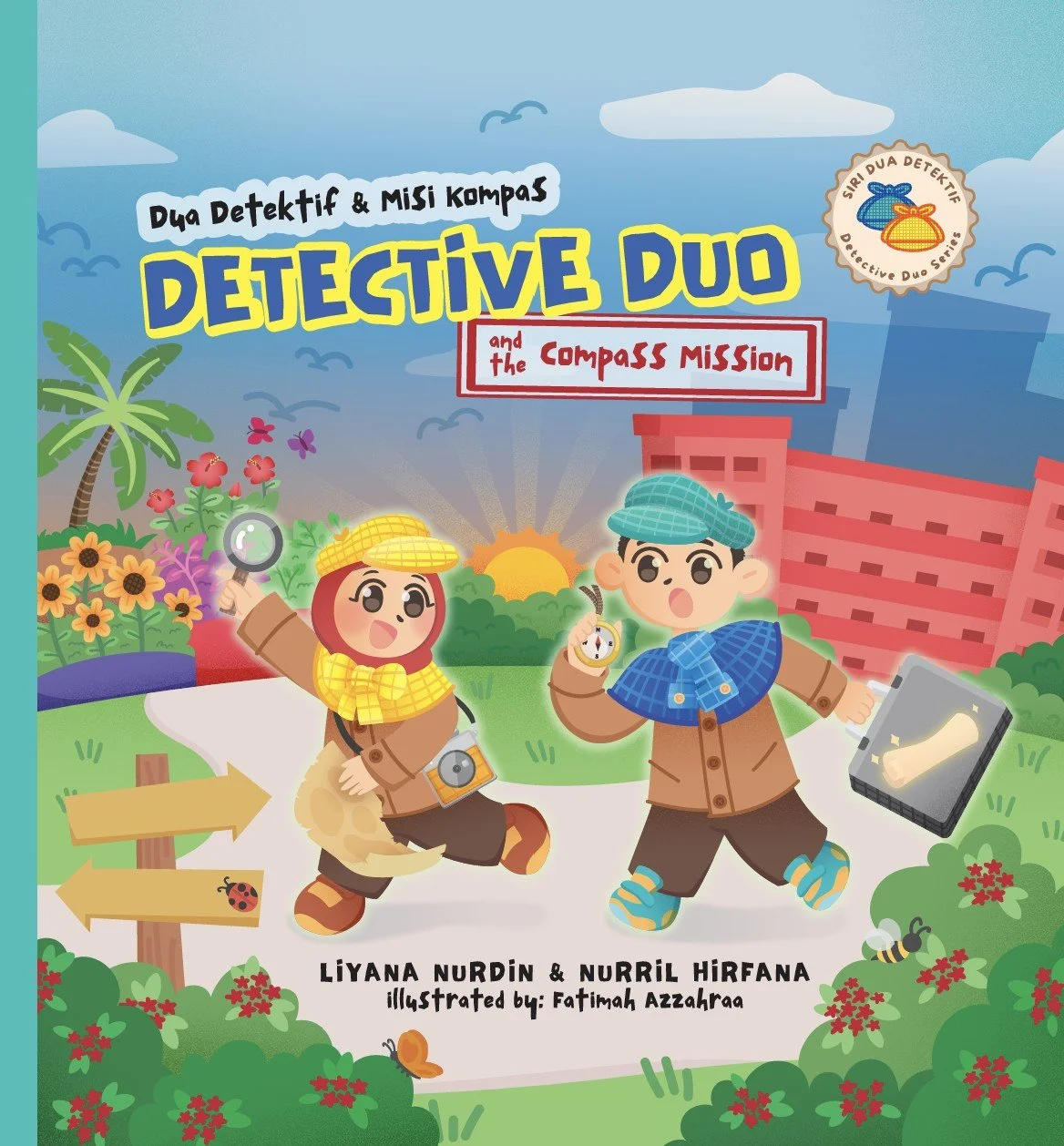 Children dressed as detectives exploring a park with flowers, trees, and buildings in the background. One holds a magnifying glass, and the other has a compass and tablet, signifying an adventure or detective theme.