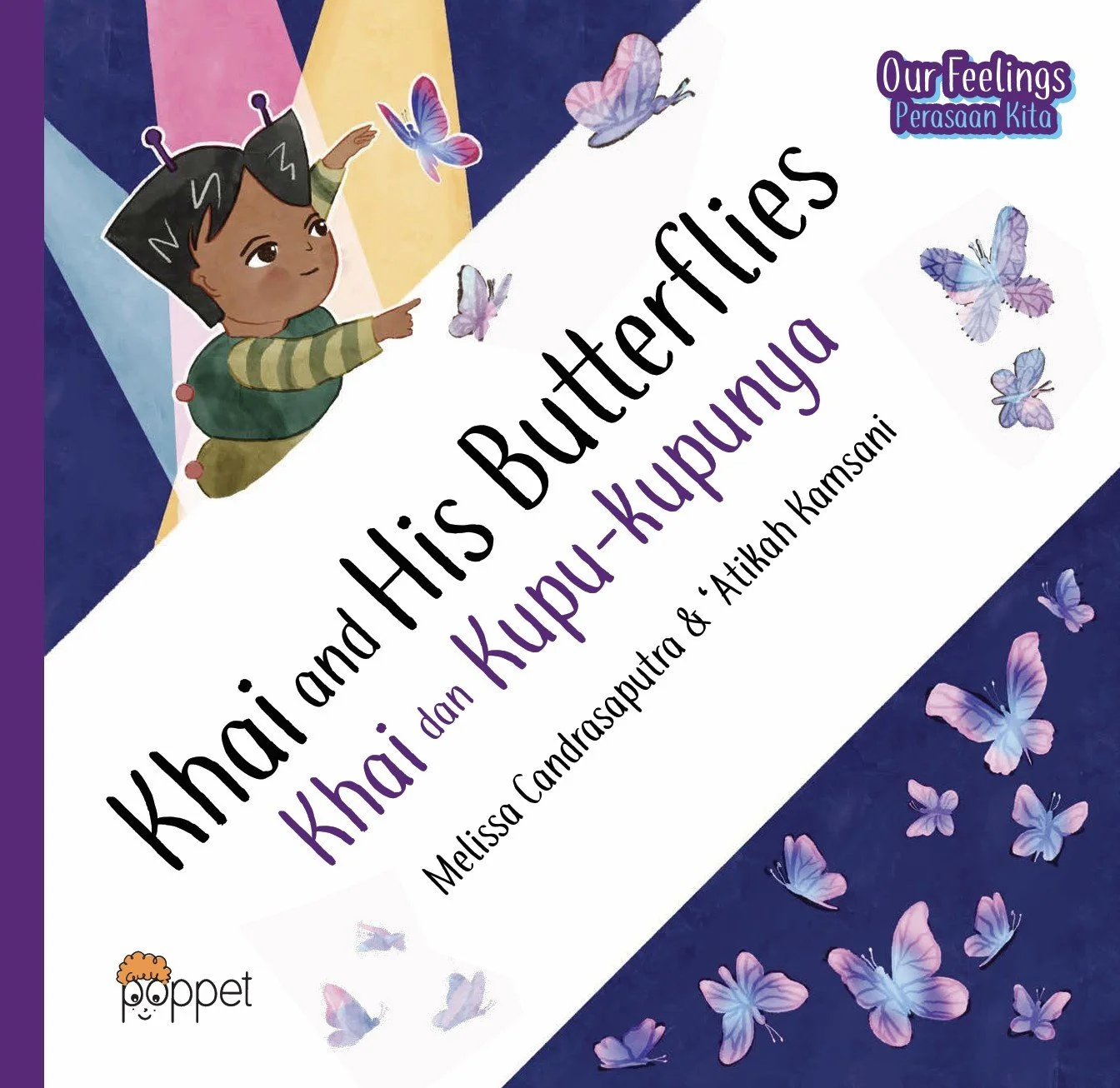 Children's book cover titled 'Khaai and His Butterflies' with an illustration of a young boy reaching out to colorful butterflies, and the authors' names, Melissa Candraasputra and Atikah Kamsani, along with a logo reading 'Poppet'.