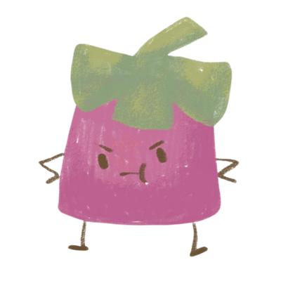 A cartoon illustration of a purple cute head with a green bow on top, expressing anger or determination.