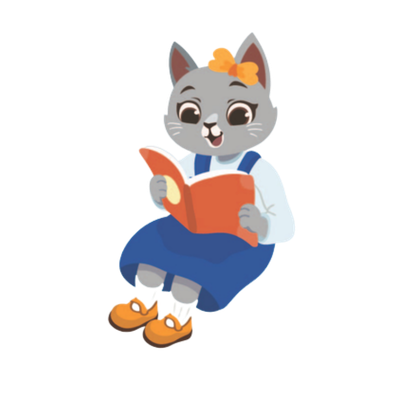 Animated gray cat wearing a blue skirt, white shirt, and yellow bow, sitting and reading a book