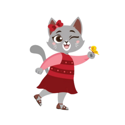 Cute animated gray kitten with a red bow, winking and holding a small yellow bird, dressed in a red and pink dress.