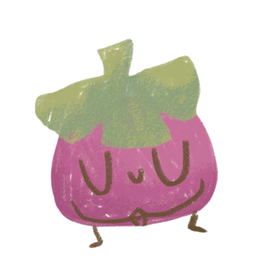 A adorable cartoon drawing of a pink onion with a green sprout on top, closed eyes, and a small mouth.