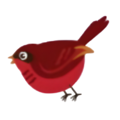 Cartoon red bird with black markings and a tail, facing left.