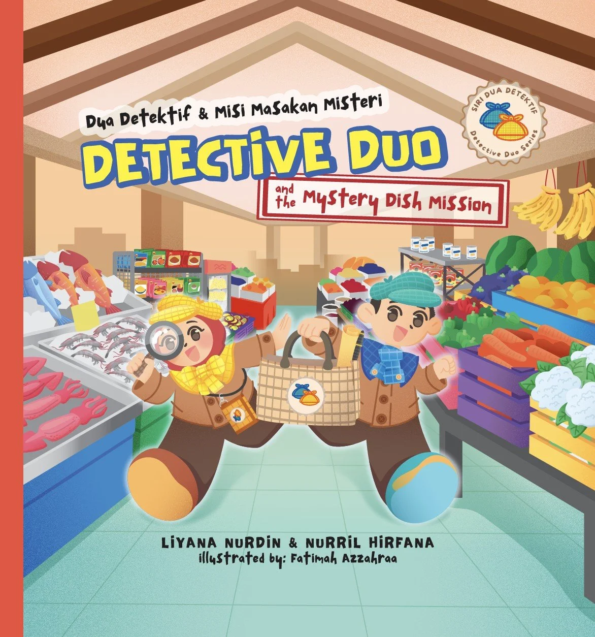 Children dressed as detectives shopping at a grocery store, with shelves of fruits, vegetables, meats, and canned goods.