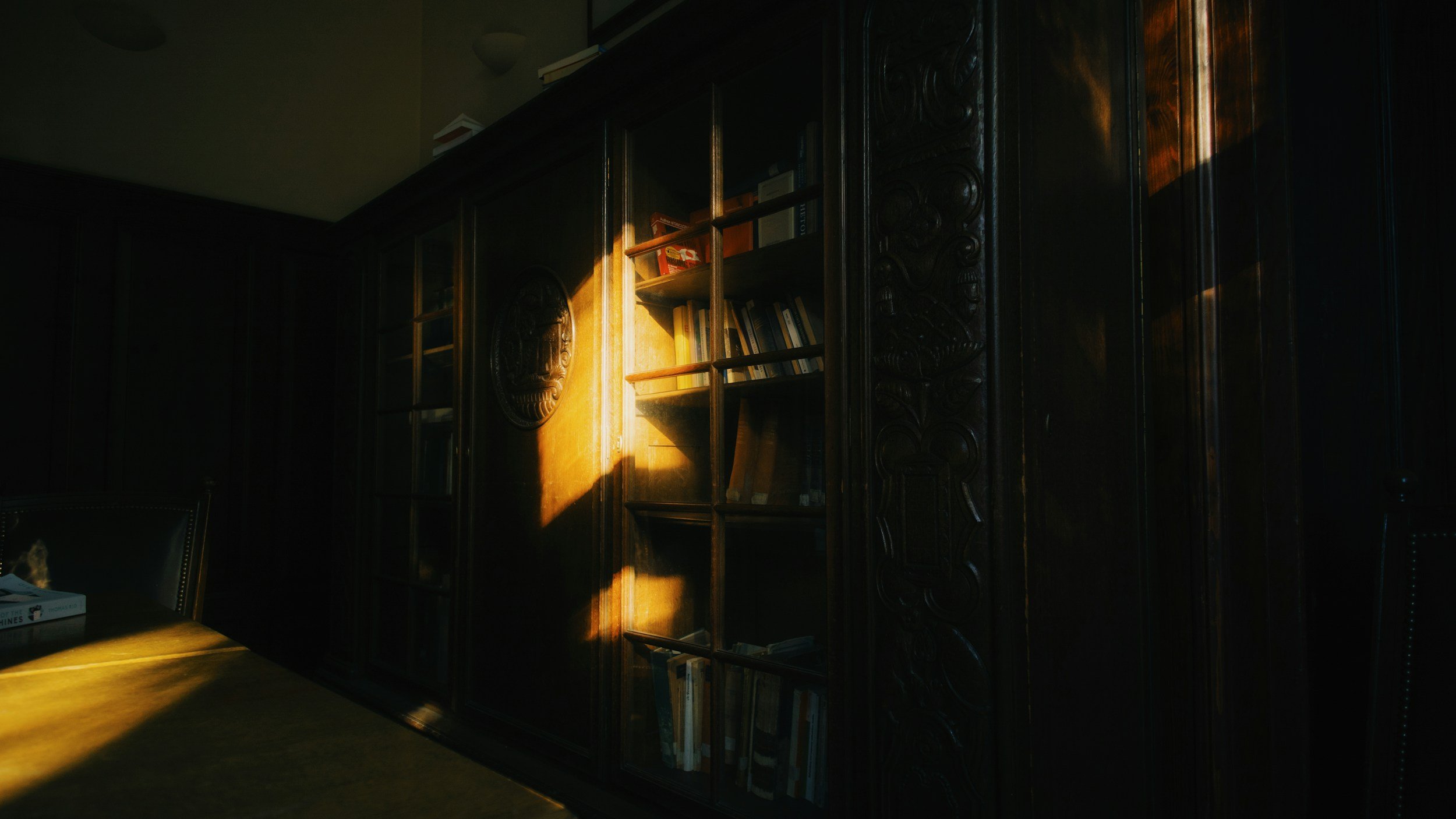 A dark wooden cabinet with glass doors and intricate carvings, partially illuminated by sunlight, with books on the shelves.