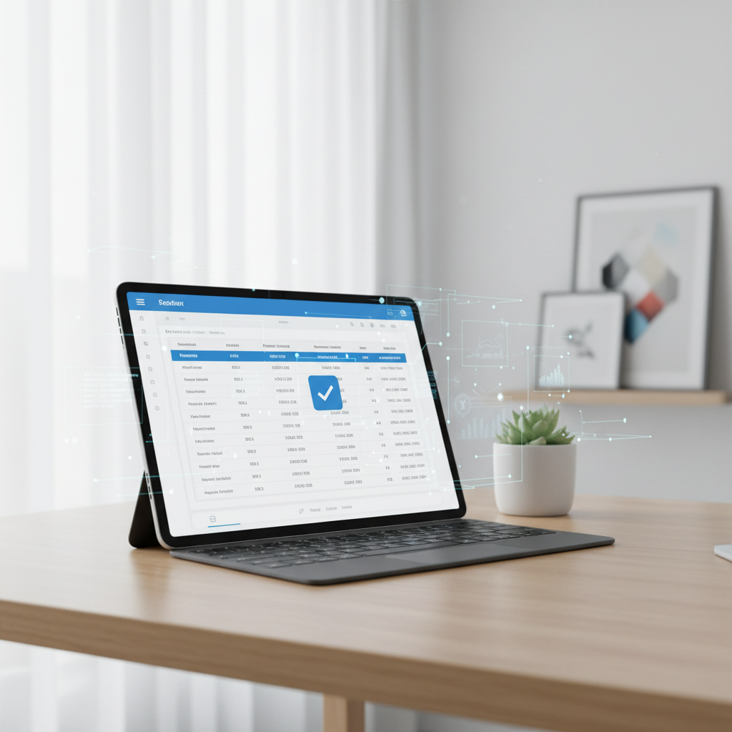 A tablet on a wooden desk displaying a financial or data analysis app, with digital graphics and charts floating around it in a bright, minimalistic office space.