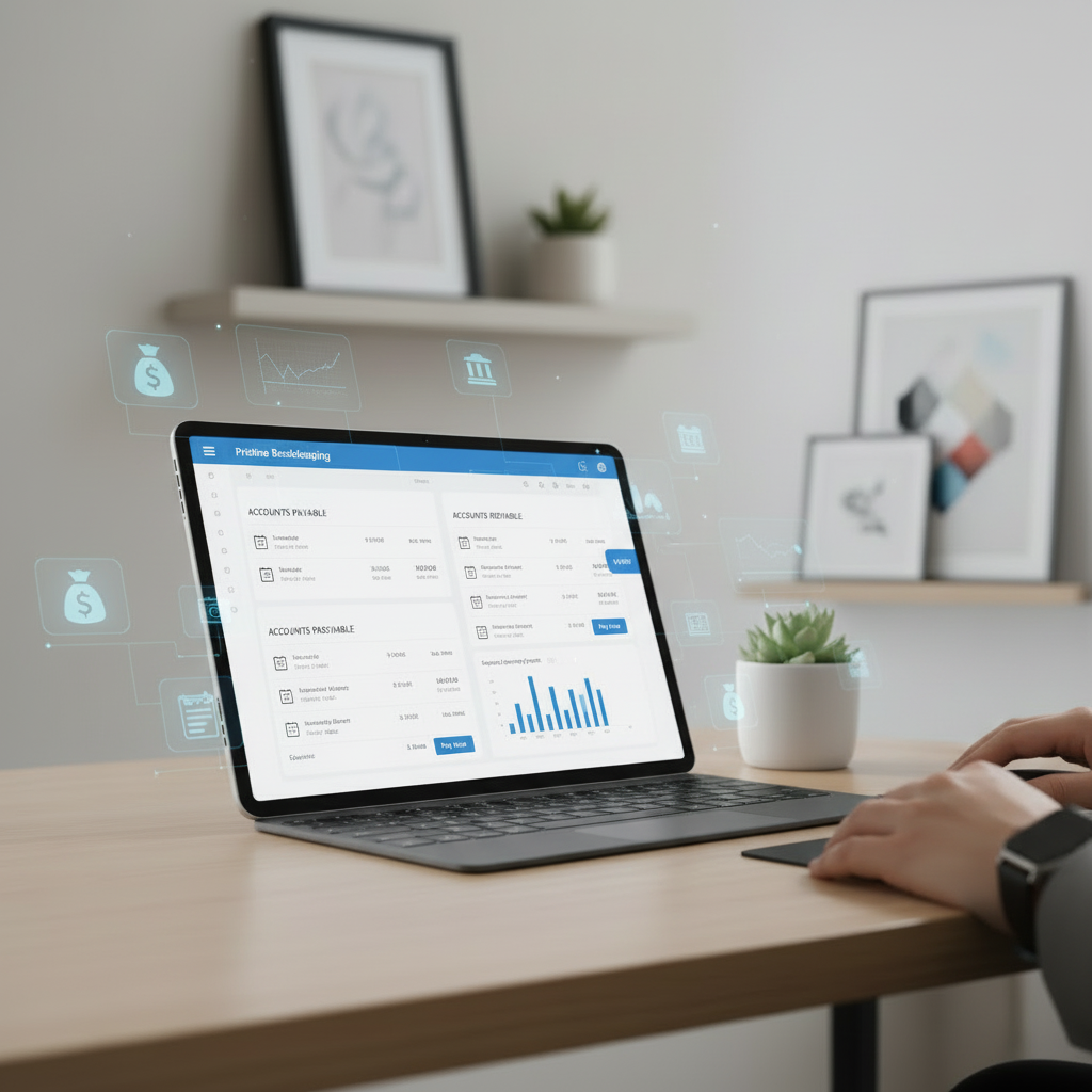 Laptop on a wooden desk displaying financial spreadsheets and graphs, with virtual icons of money bags, charts, and banking symbols floating above.