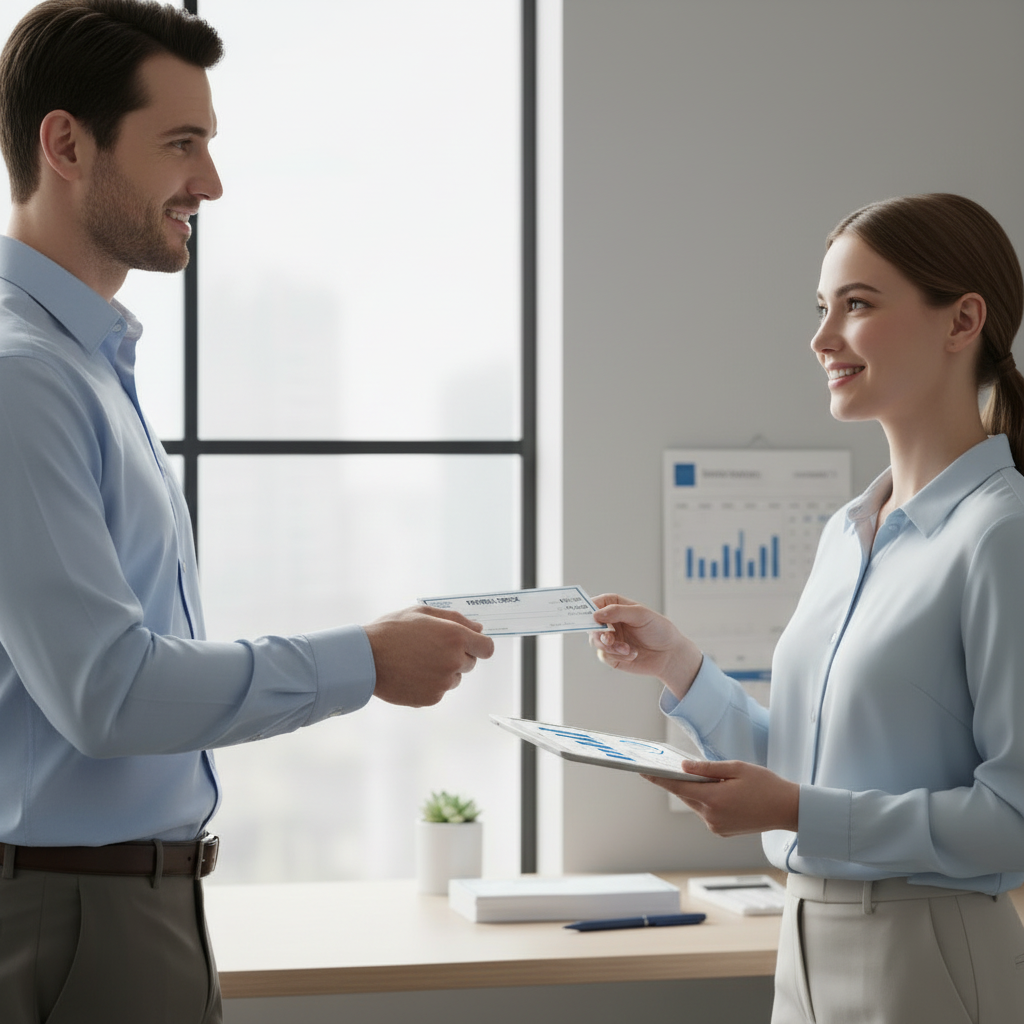 A man and woman dressed in business attire exchanging a check and a tablet in an office with large windows and a computer monitor showing charts.
