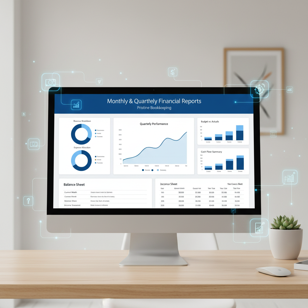 Computer monitor displaying financial reports with graphs and charts, placed on a wooden desk with a potted plant, mouse, and books nearby.