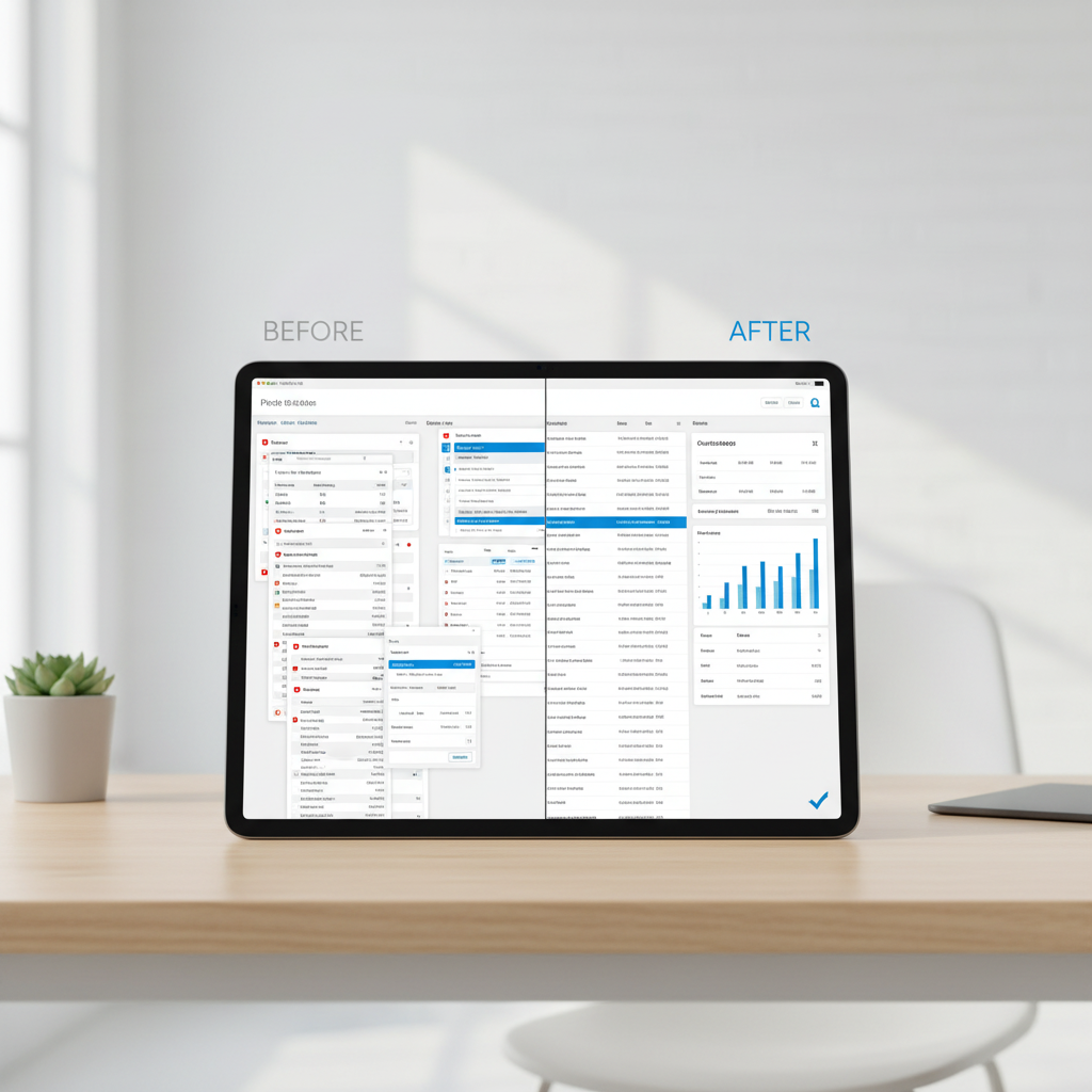Comparison of computer interface screens showing an organized and a cluttered data dashboard, with labels 'BEFORE' and 'AFTER'.