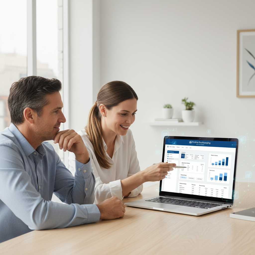 Two professionals, a man and a woman, look at a laptop displaying financial charts and data in a modern office setting.