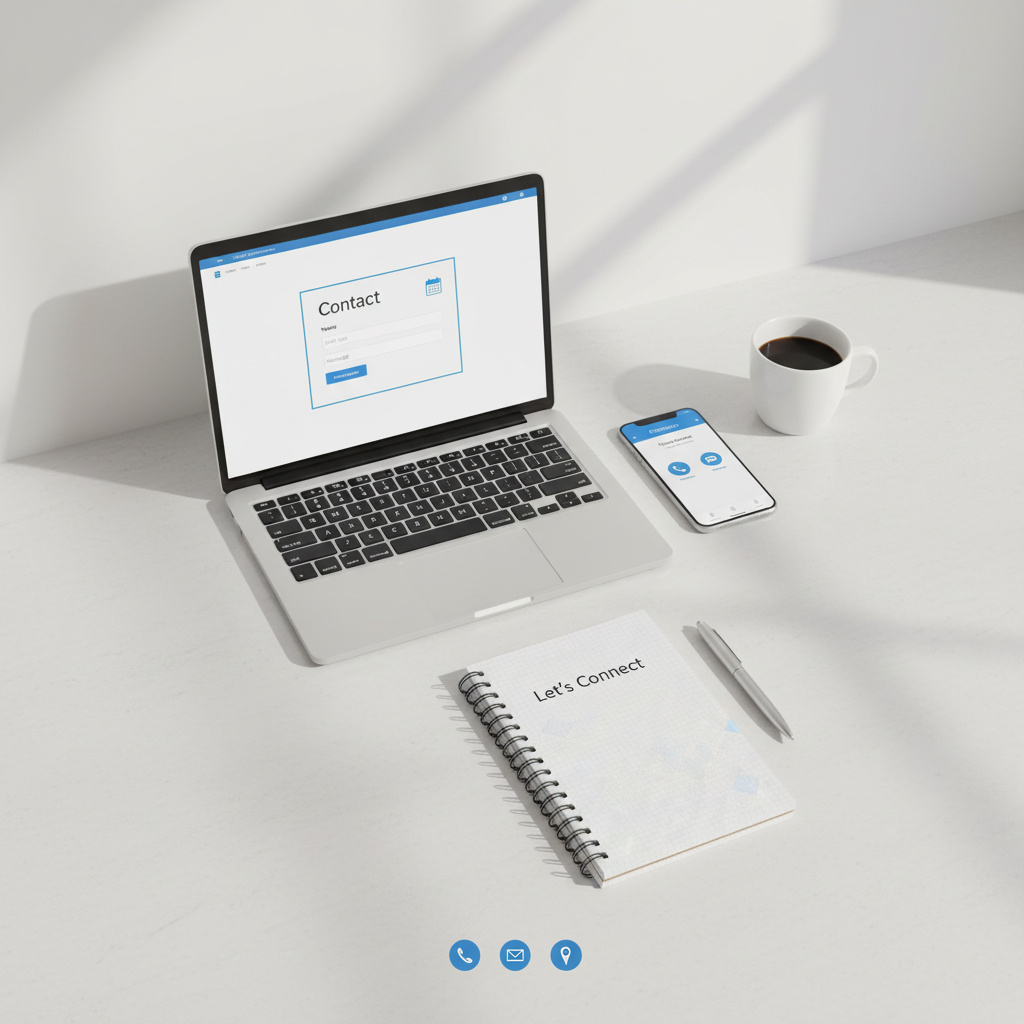 A workspace with a laptop displaying a contact form, a smartphone showing messaging icons, a cup of coffee, a notebook titled 'Let's Connect,' and a pen on a white desk.