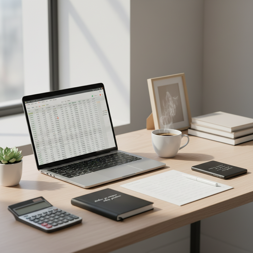A tidy office desk with a laptop displaying spreadsheets, a cup of coffee with steam, a framed photo, a small stack of books, a closed notebook, a calculator, a notepad, a pen, and a potted succulent plant near a window.