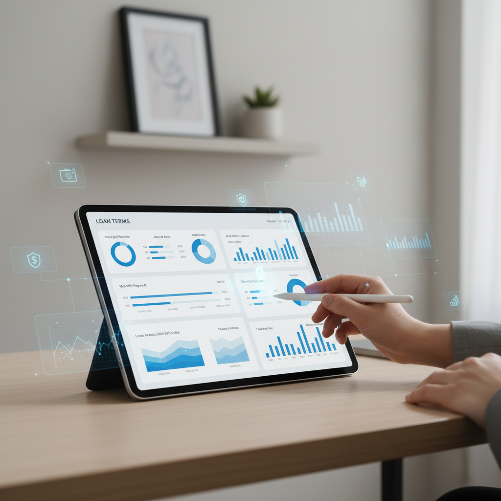 Person analyzing loan data on a tablet with a stylus, surrounded by floating digital data icons.
