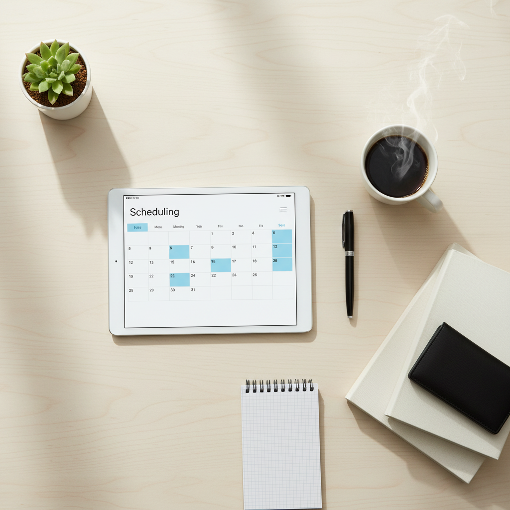 A digital tablet displaying a calendar with scheduled dates, a black pen, a cup of coffee with steam, a small potted plant, a notebook, a black wallet, and some stacked white books on a light wooden desk.