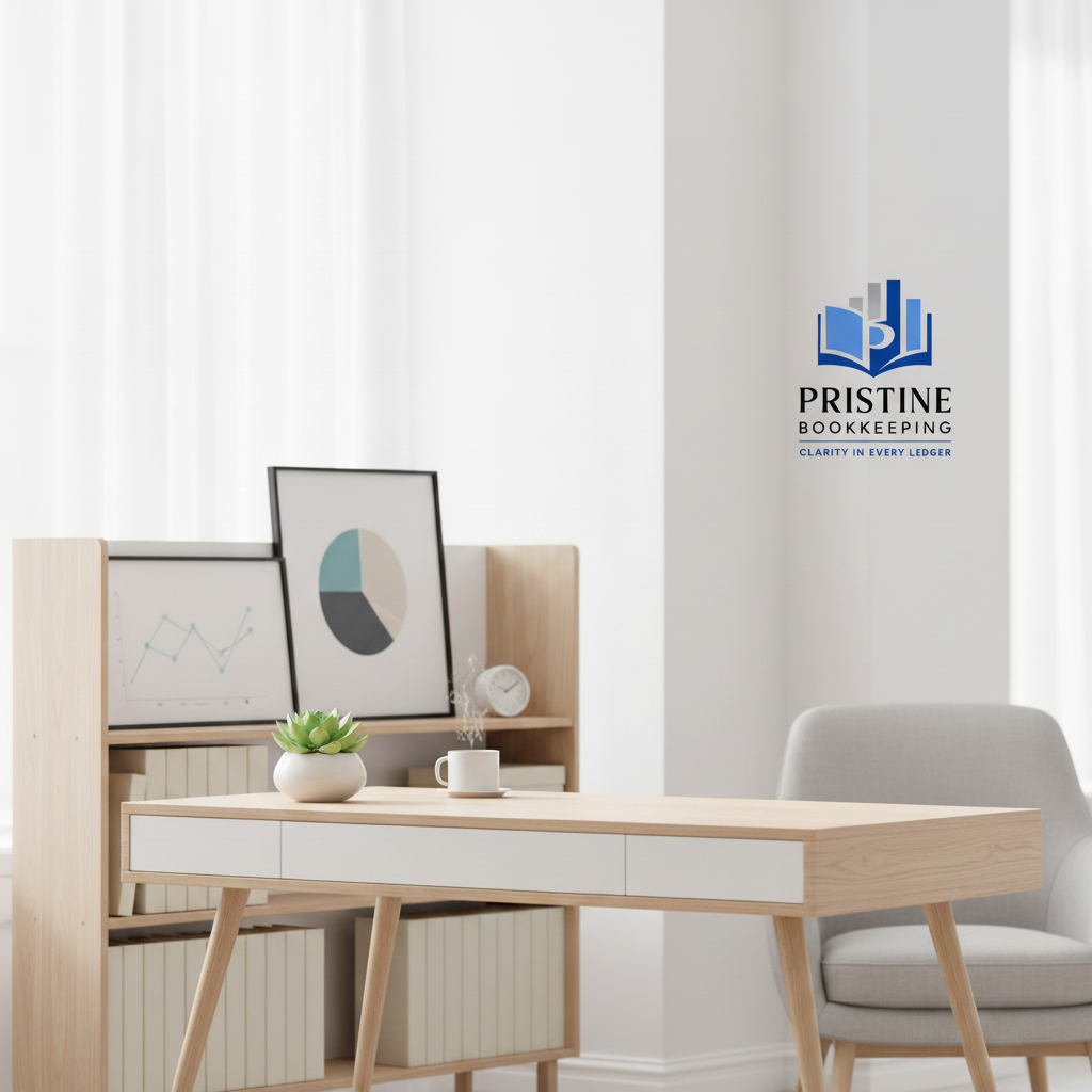 A modern office or workspace with a light wood desk and a gray task chair. On the desk are a small cactus in a white pot, a steaming cup, and a white clock. Behind the desk is a wooden shelf displaying two framed charts—one with a line graph and one with a pie chart—and some binders. The wall has a logo for "Pristine Bookkeeping" with the slogan "Clarity in Every Ledger." The room is bright with white curtains.