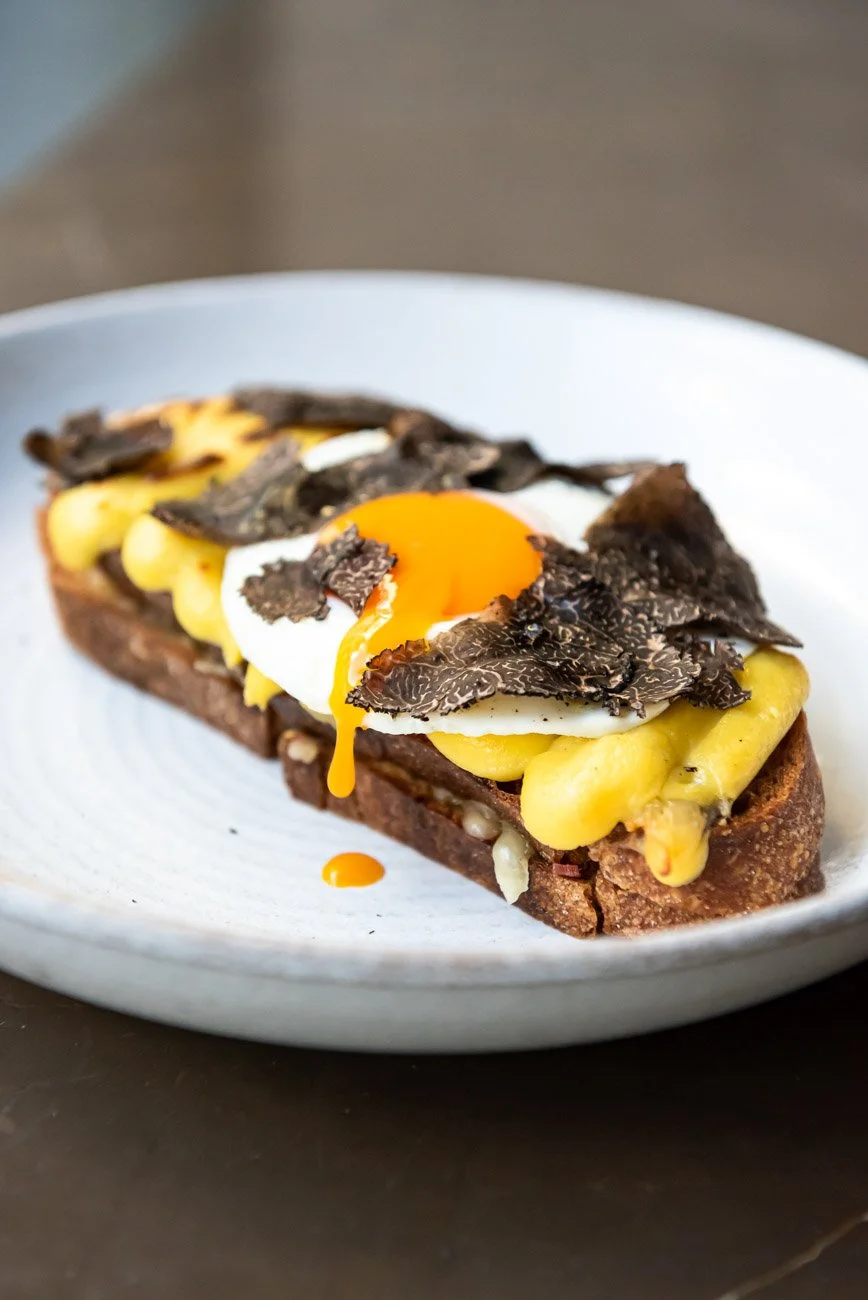 Open-faced sandwich with black truffle slices, cheese, a poached egg with runny yolk, on toasted bread.