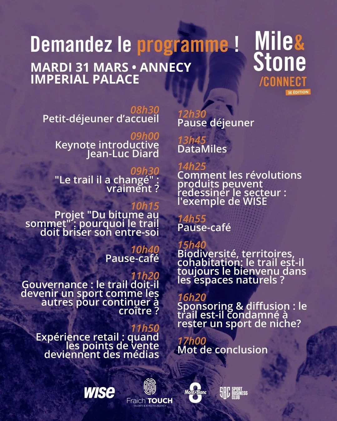 [J-1] Le programme complet est pr&ecirc;t ! 📋

Demain &agrave; l'Imperial Palace (Annecy), @mile.and.stone/Connect r&eacute;unira l'&eacute;cosyst&egrave;me du trail pour une journ&eacute;e de conf&eacute;rences et de networking.

Au programme (voir