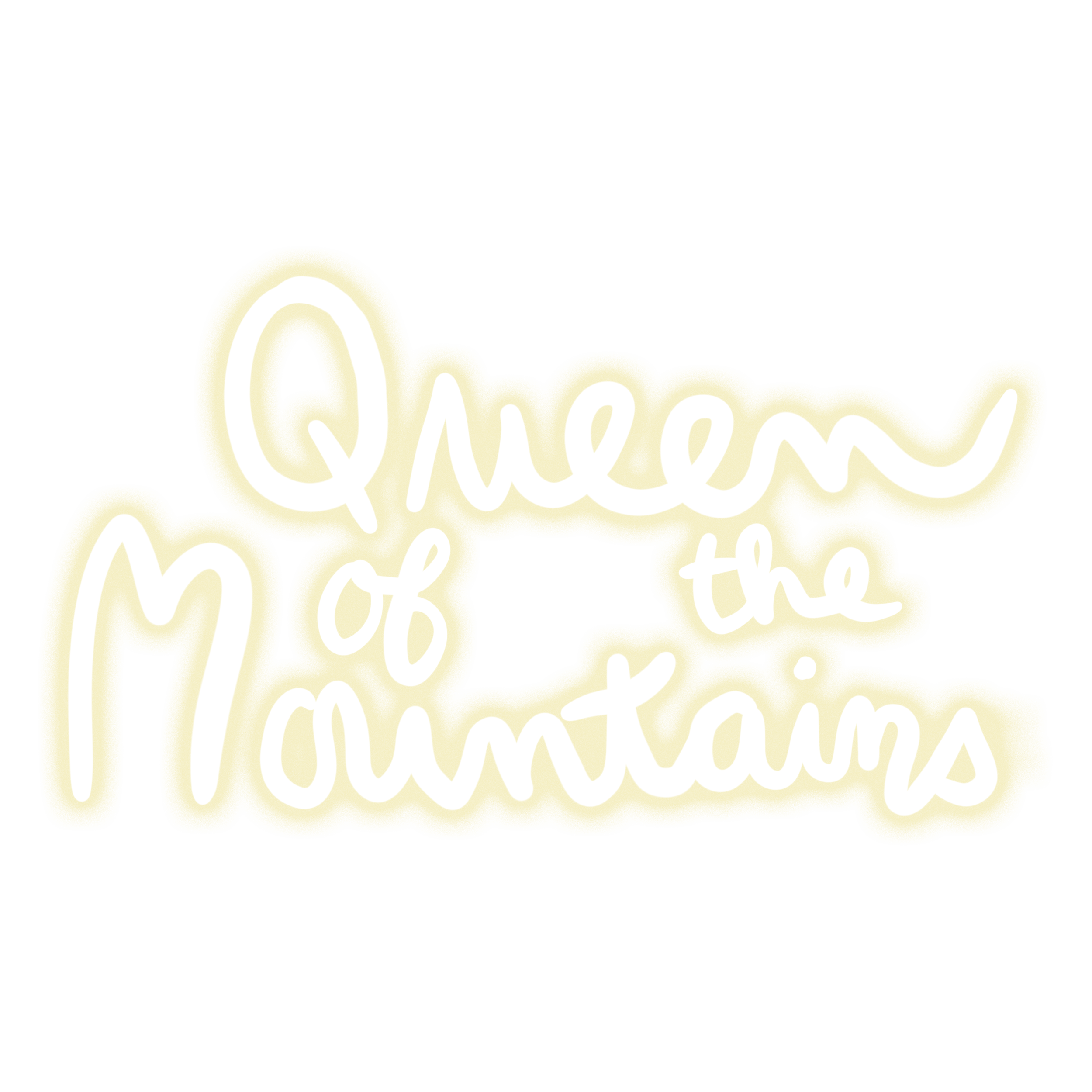 Texte écrit 'Queen of the Mountains' en blanc sur fond jaune clair.