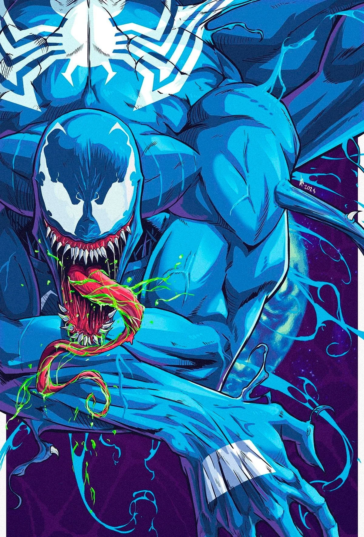 A dynamic illustration of Marvel's Venom with a blue and black color scheme, showing his sharp teeth, long tongue, and muscular build in a fierce pose.