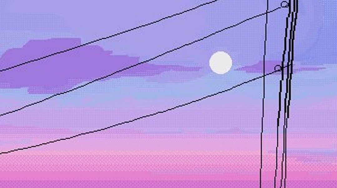 Digital pixeled style illustration of a purple to blue to pink pastel-colored sky with purple clouds, a bright full moon, and power lines.