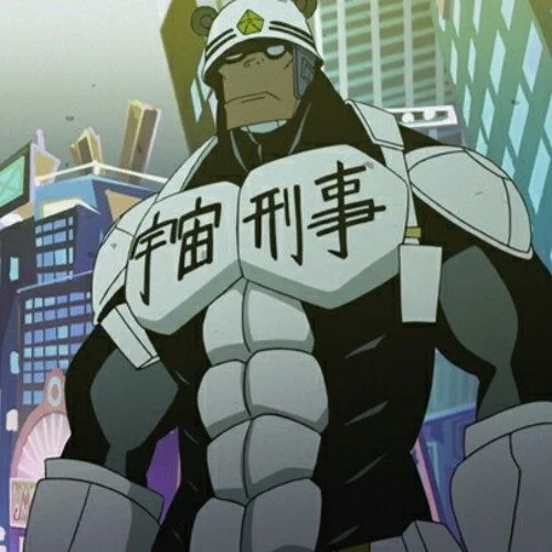 Anime gorilla cop dressed as a futuristic police officer standing in a city with tall buildings, wearing armor and a helmet, with Japanese characters on the chest. He is from the anime Global Astroliner.
