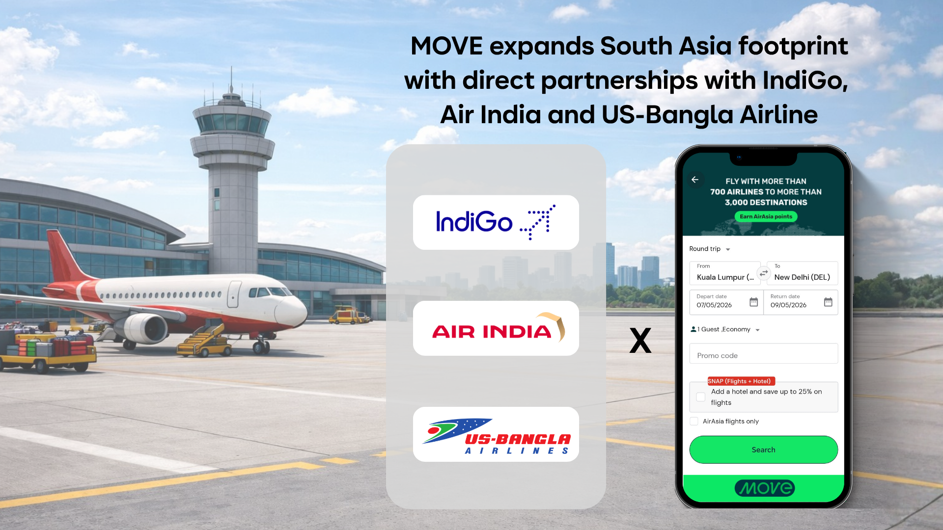 MOVE expands South Asia footprint with direct partnerships with IndiGo, Air India and US-Bangla Airline