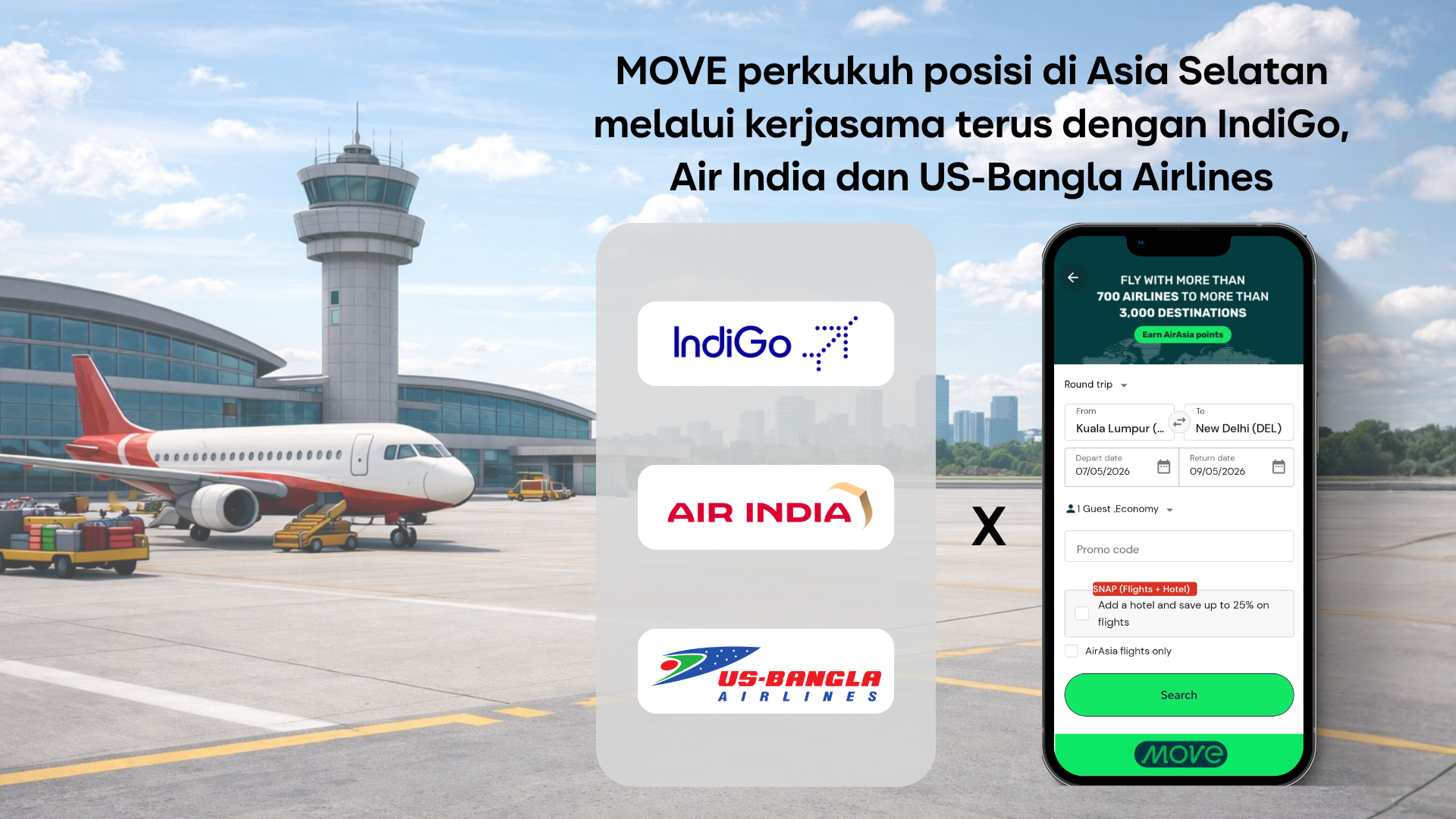 MOVE perkukuh posisi di Asia Selatan melalui kerjasama terus dengan IndiGo, Air India dan US-Bangla Airlines
