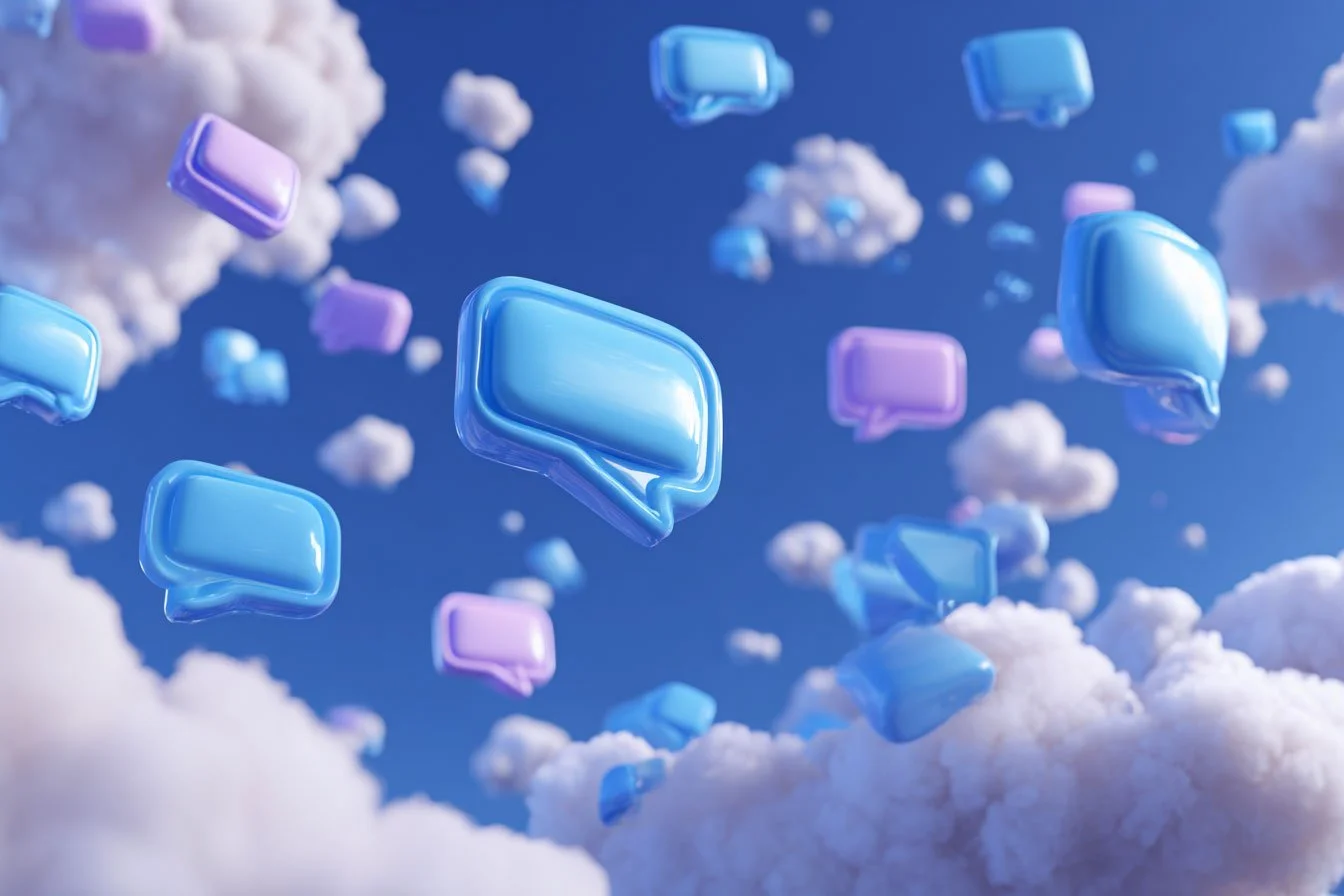 Floating blue and purple speech bubble icons among clouds in a sky background.