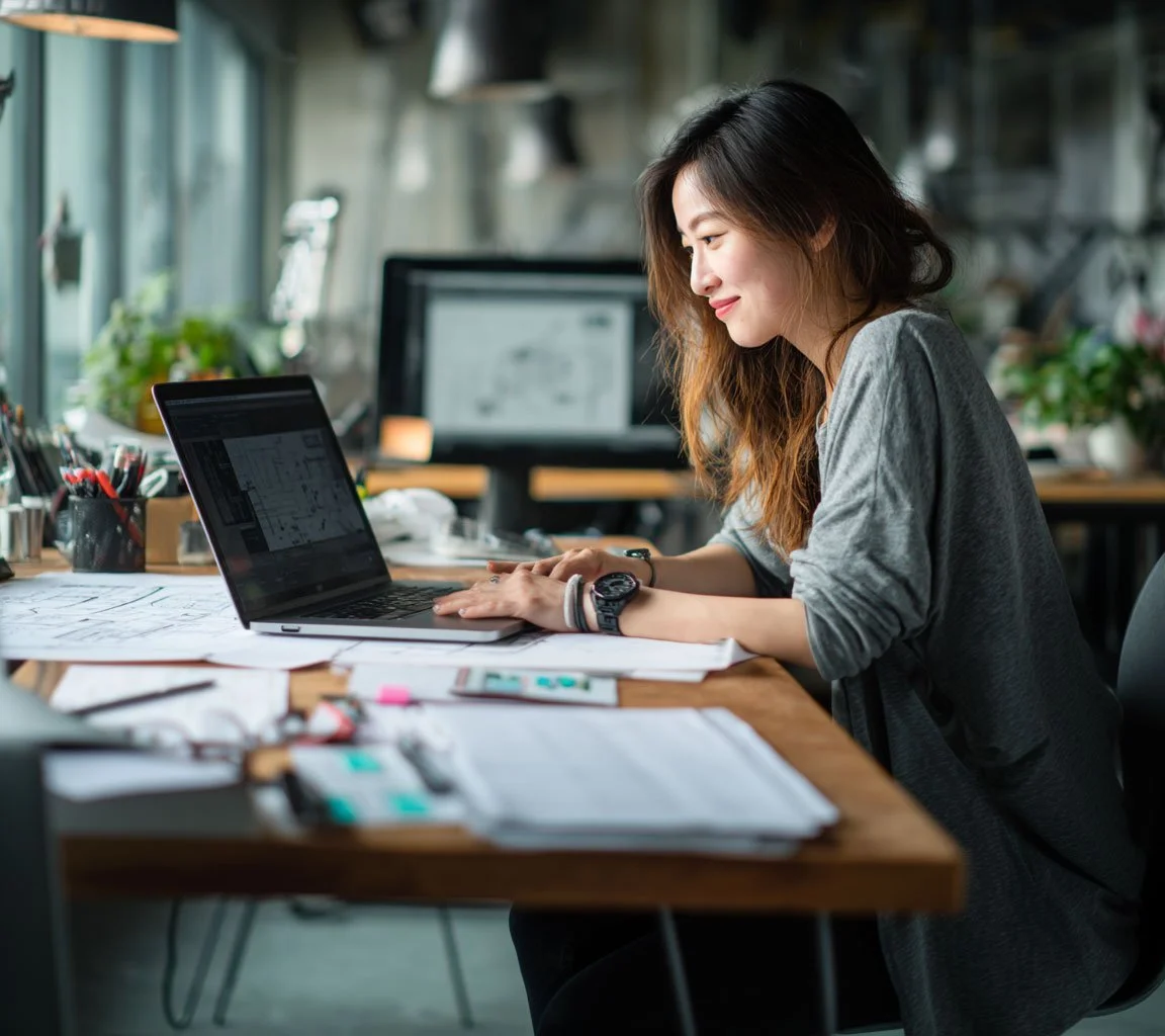 Woman working on a laptop at a cluttered desk in a modern office with large windows and plants.
